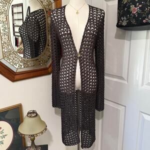 VTG 90s Anne Klein Dark Brown Open Knit Crochet Long Sleeve Duster Cardigan S